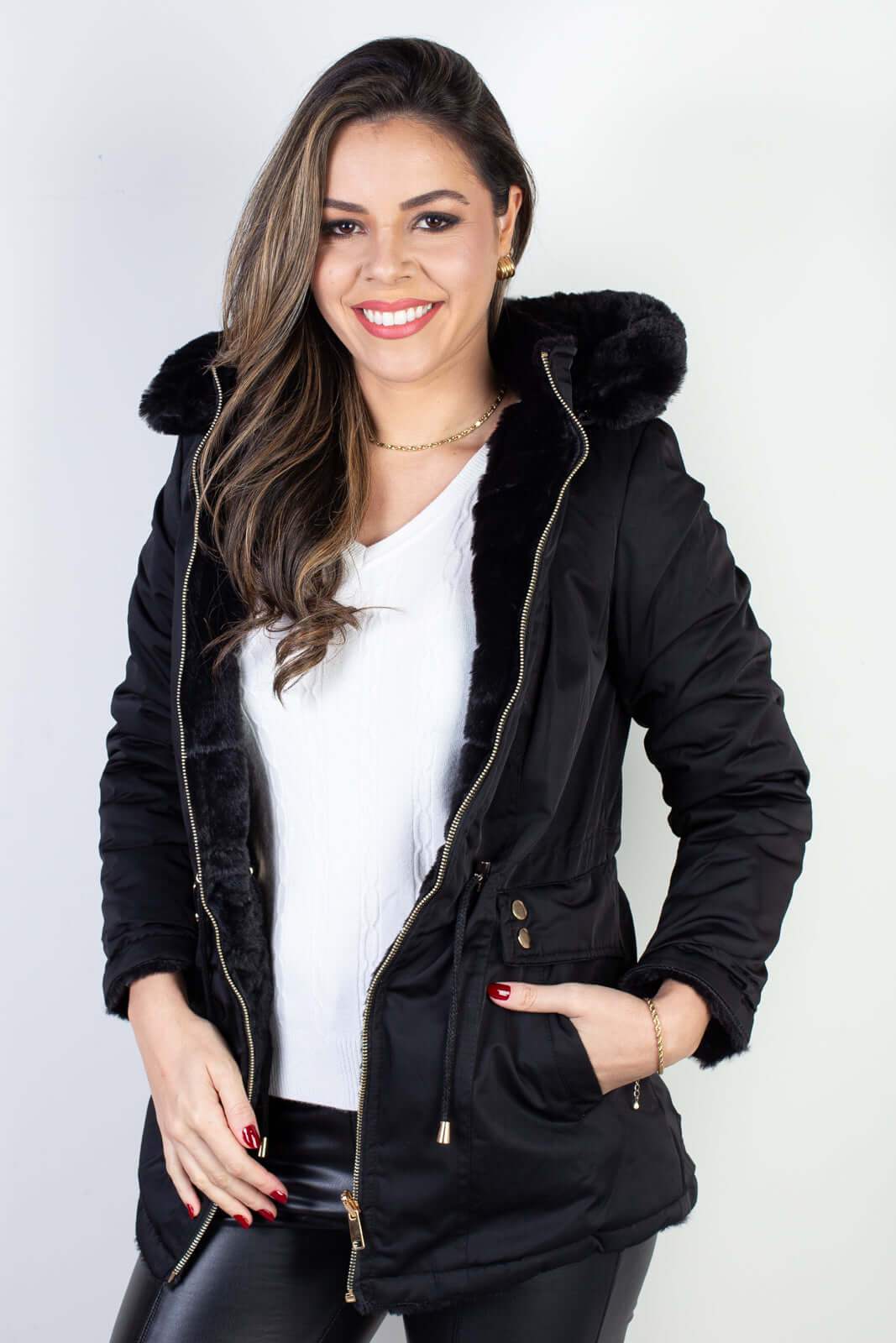 Jaqueta feminina nylon reversível com pelo 84293